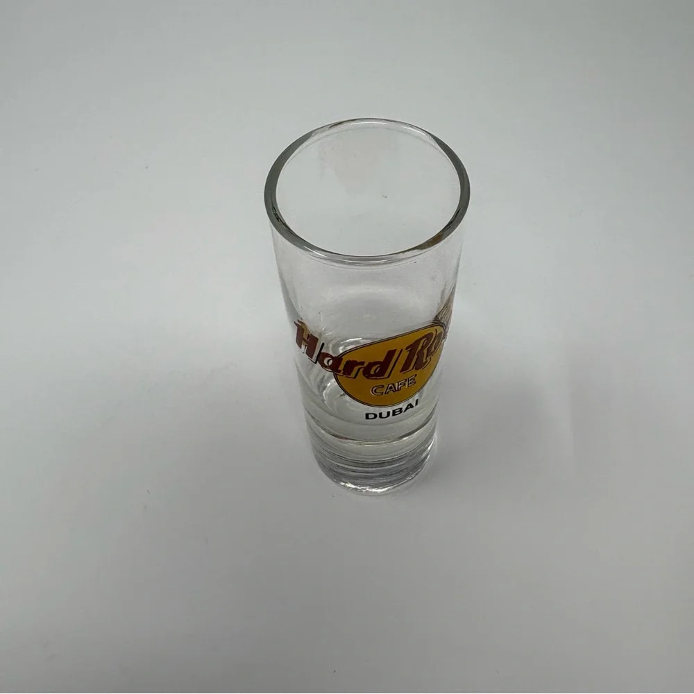 Hard Rock Cafe Dubai HRC Clear Shot Glass with Red and Yellow Logo 4” Tall